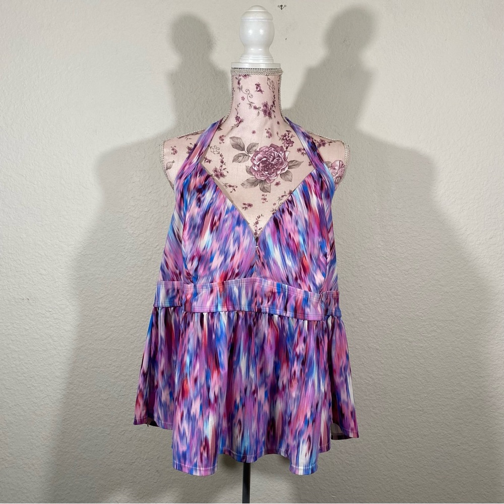 Time and Tru sz:3X (24W -26W) Halter Peplum Swim Top Tie Open Back Multicolor